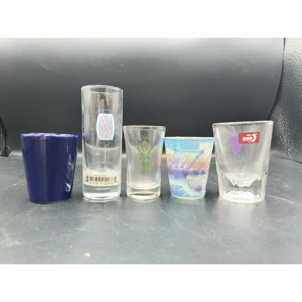 Lot of 5 Military Shot Glasses Navy USS Battleship Airborne Air Force Fort Drum